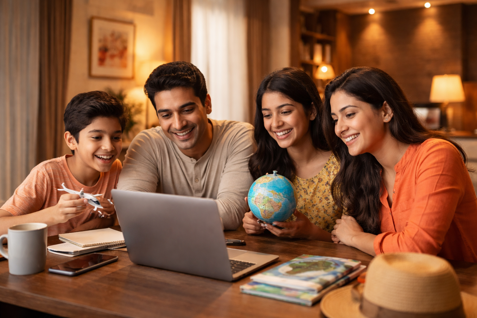 Indian family discussing travel plans at home